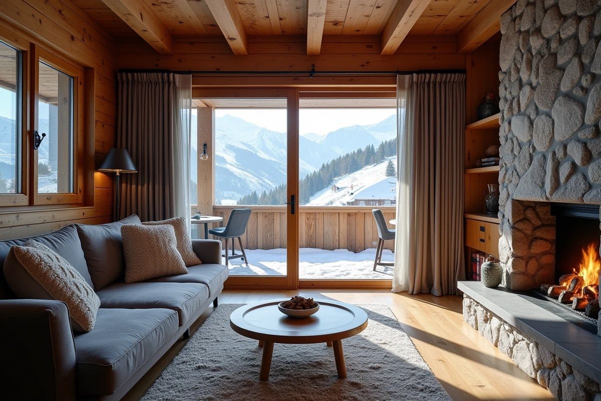 Intérieur chaleureux d'un appartement aux Menuires avec portes vitrées ouvrant sur un balcon ensoleillé face aux pistes de ski