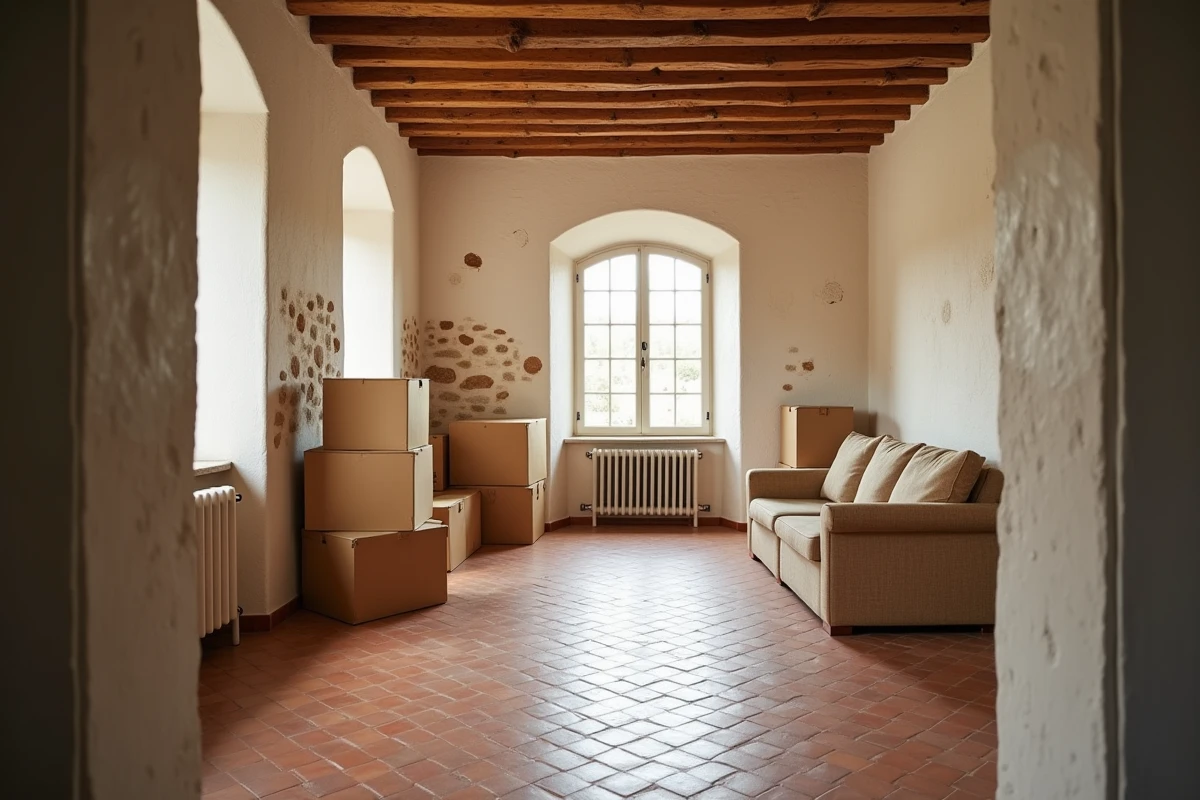 Intérieur d'une maison dans l'Aude en cours de déménagement pour une vente urgente liée à un divorce