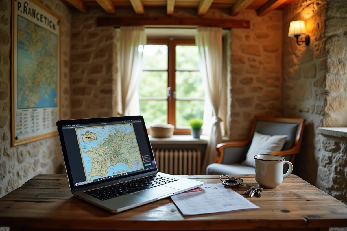 Intérieur d'une petite maison de location dans le Puy-de-Dôme avec horaires de transport et carte de la région Auvergne