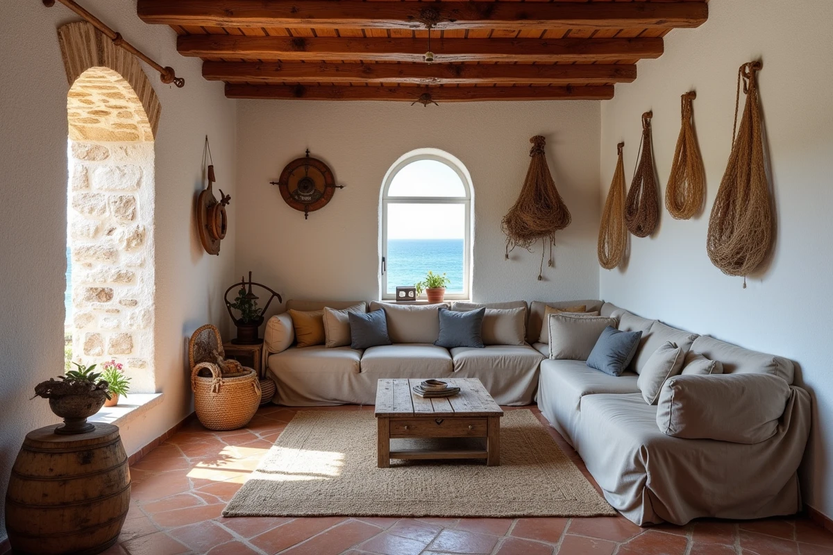 Intérieur authentique d'une maison de pêcheur méditerranéenne avec pierres apparentes et sol en tomettes