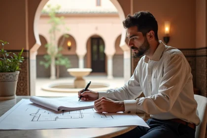 Investisseur immobilier examinant les plans d'un appartement à vendre à Marrakech avec décoration traditionnelle marocaine
