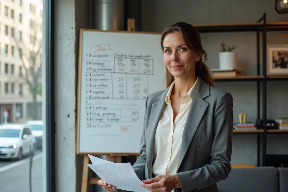 Investisseuse immobilière analysant des frais de notaire sur un tableau blanc dans un espace de coworking