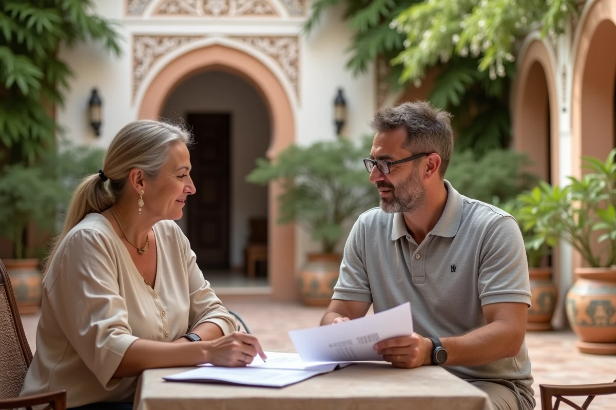 Couple d'investisseurs particuliers en discussion avec un agent immobilier dans le patio d'une villa à vendre à Marrakech