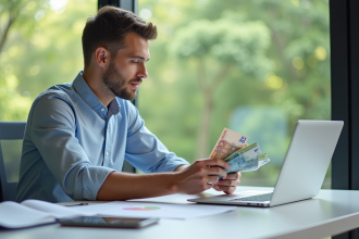 Jeune adulte confiant examinant documents financiers et billets euros