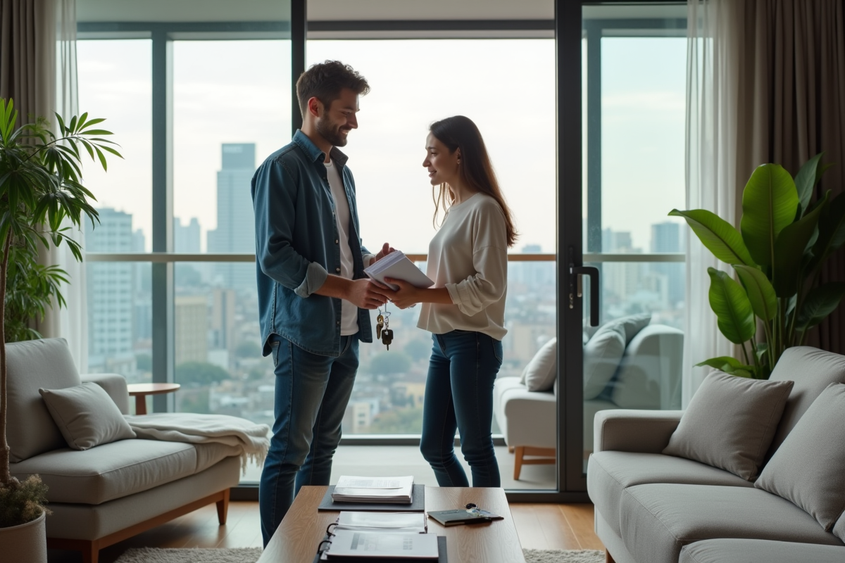 Jeune couple discutant avec clés dans un appartement moderne