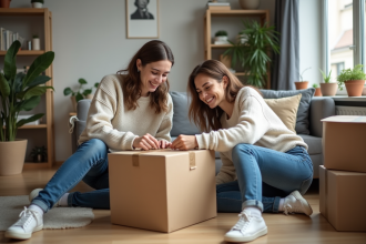 Jeune couple souriant en train de coller des cartons dans un salon chaleureux