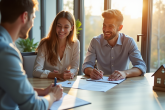Jeune couple souriant signant un contrat de prêt immobilier