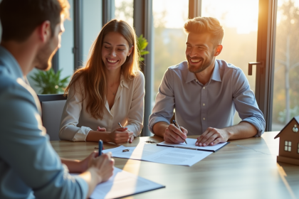 Jeune couple souriant signant un contrat de prêt immobilier