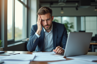 Jeune entrepreneur inquiet dans un bureau moderne lisant un contrat