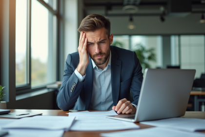 Jeune entrepreneur inquiet dans un bureau moderne lisant un contrat