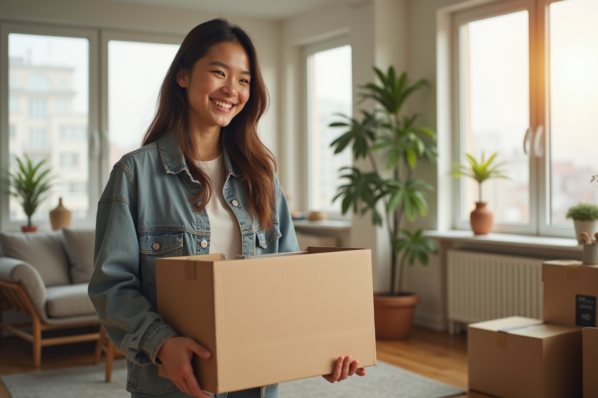 Étudiant heureux déballant des cartons dans un appartement lumineux
