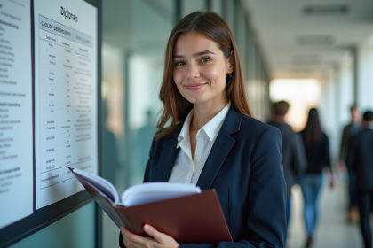 Jeune femme en blazer bleu avec diplômes immobilier