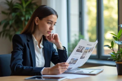 Jeune femme en blazer bleu examine des annonces immobilières à Lyon
