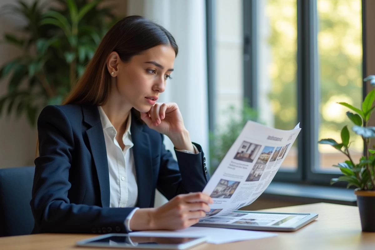 Jeune femme en blazer bleu examine des annonces immobilières à Lyon