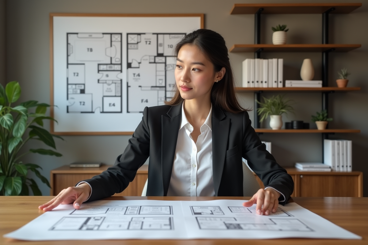 Jeune femme professionnelle examine plans dans agence immobiliere