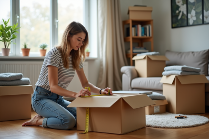 Jeune femme mesure un carton dans un intérieur lumineux