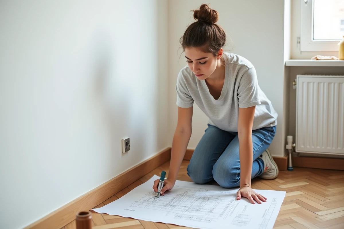 Jeune femme prenant des mesures dans un appartement
