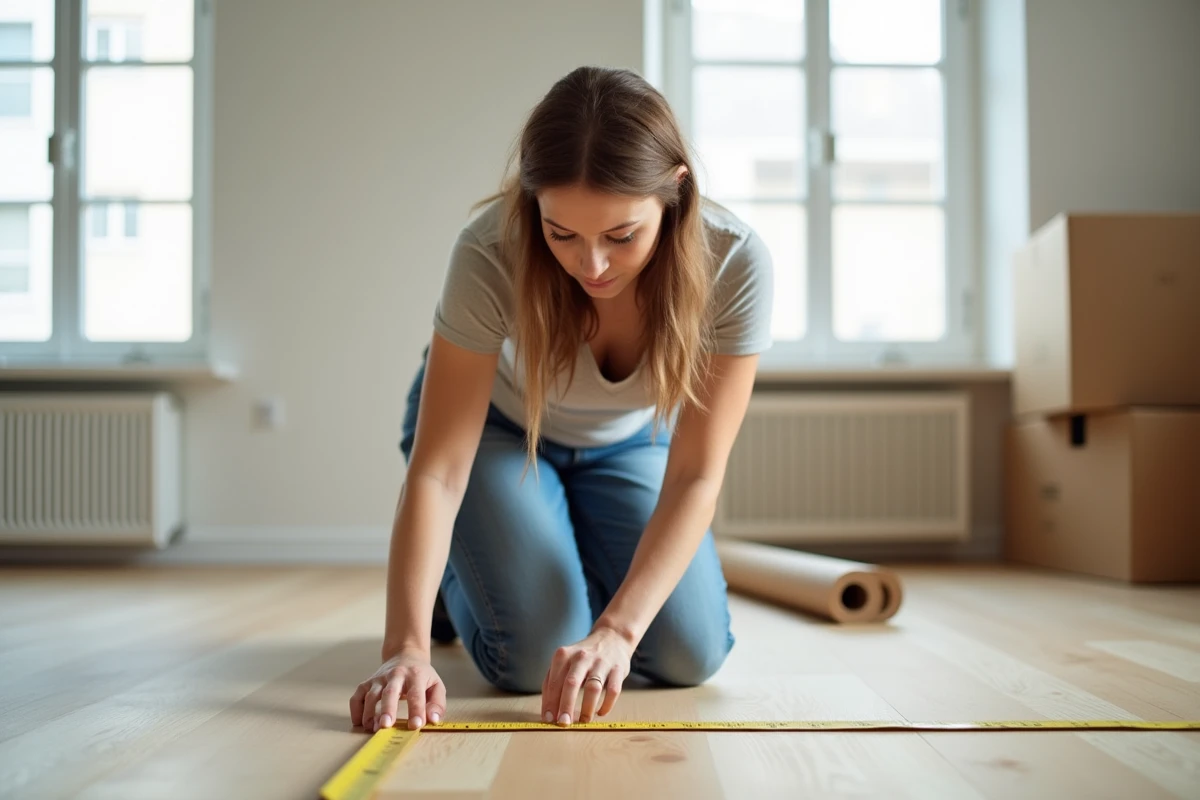 Jeune femme en jeans mesure un salon lumineux