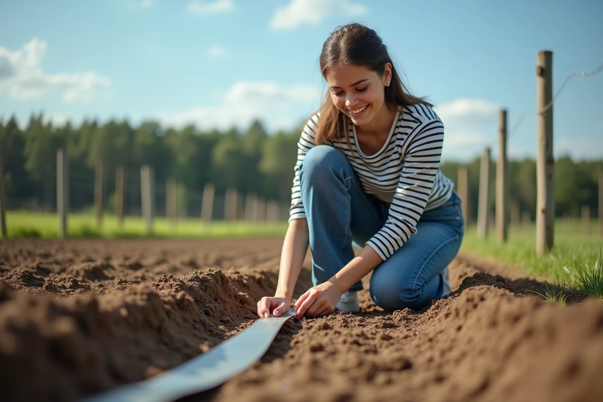 Jeune femme mesurant un terrain avec ruban