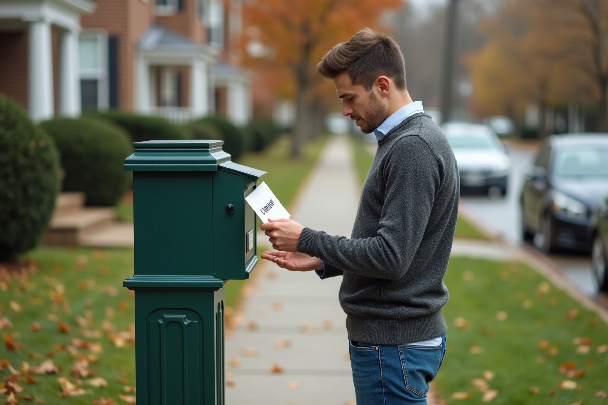 Jeune homme déposant une enveloppe dans une boîte aux lettres verte
