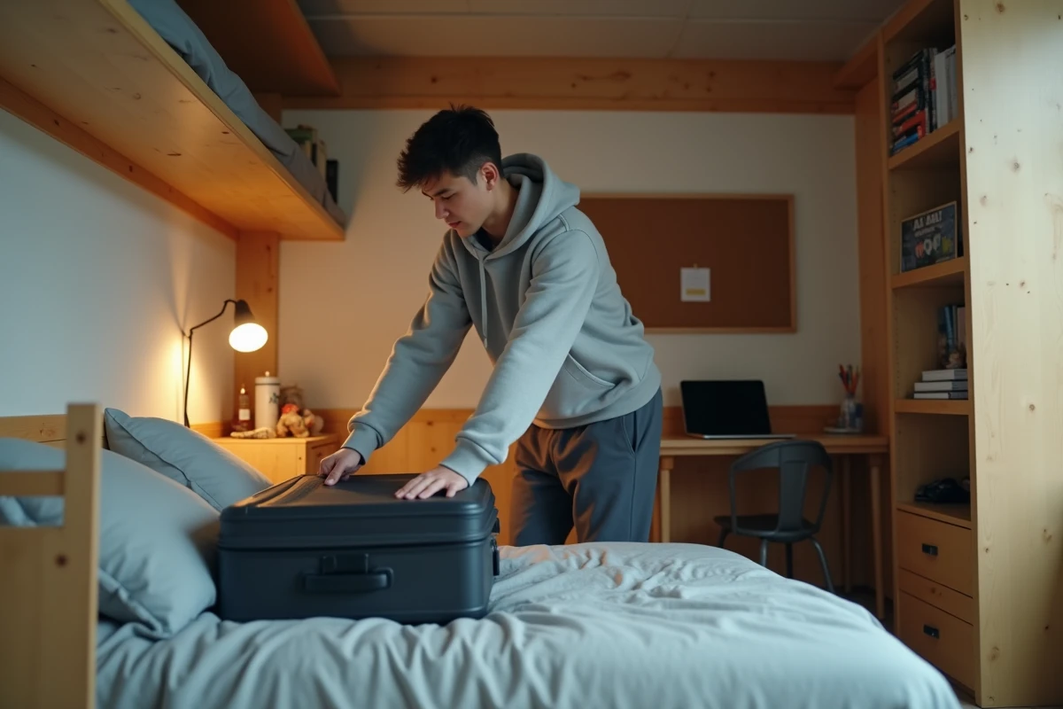 Étudiant en train de fermer une valise dans une chambre organisée