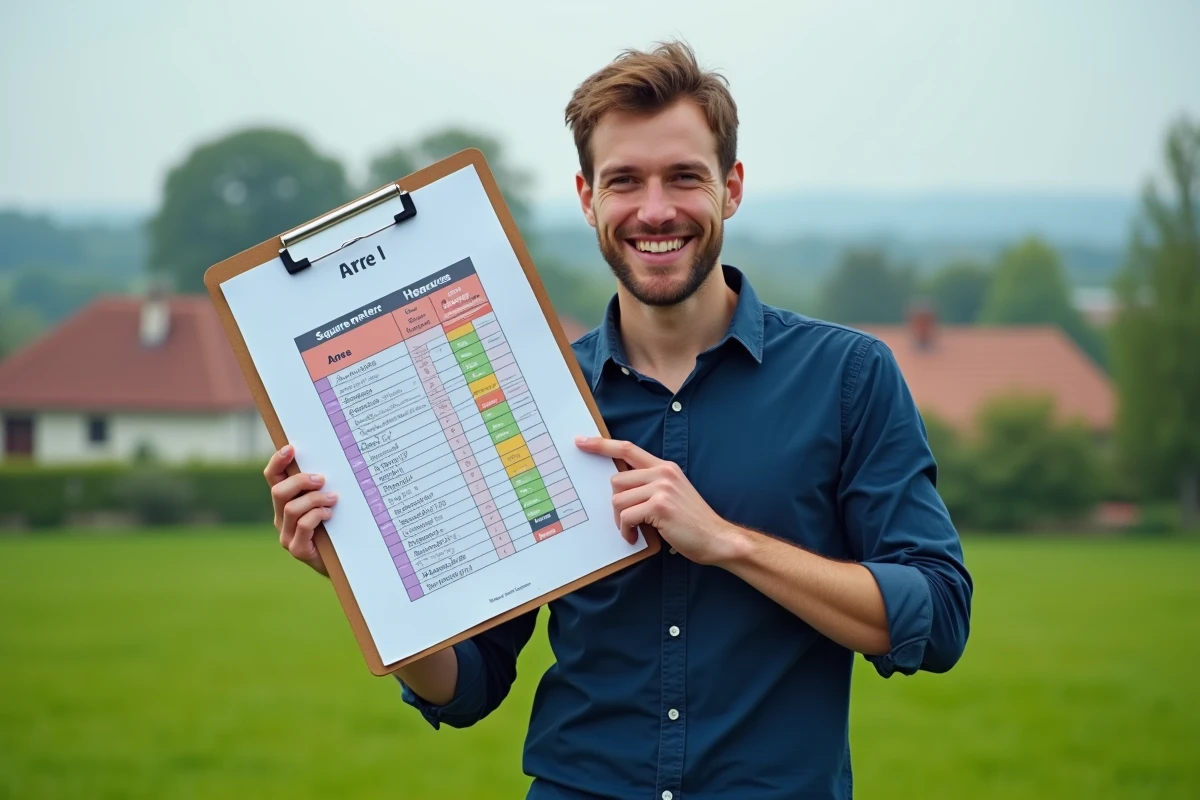 Jeune homme montre un tableau de conversion en extérieur