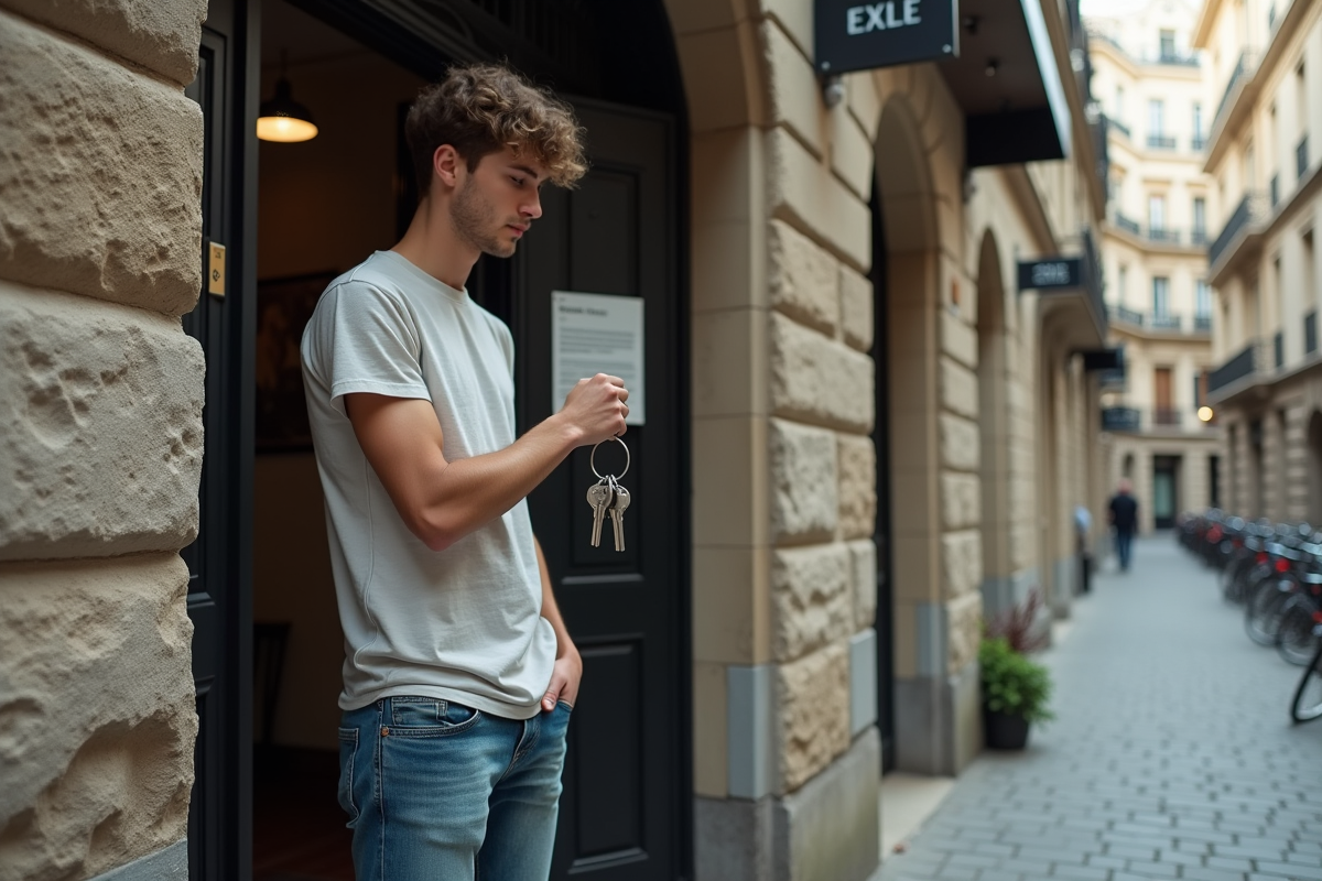 Jeune homme avec clés devant bâtiment ancien
