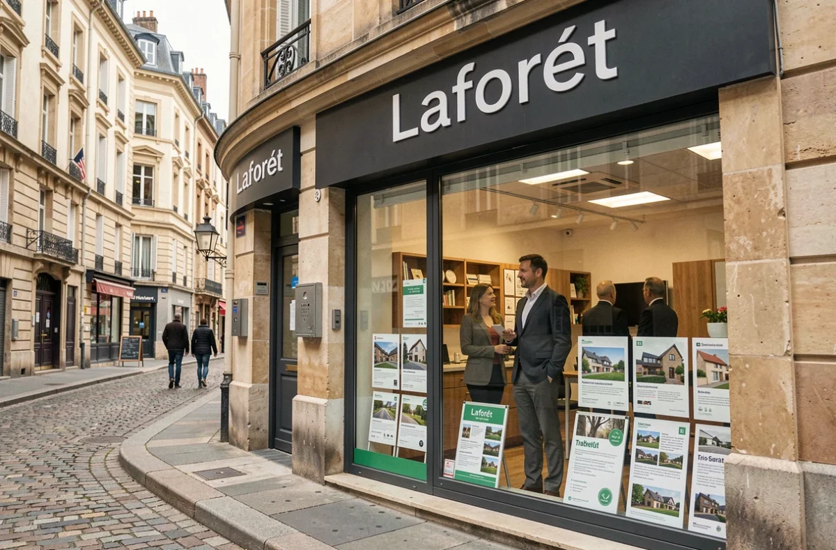 Vitrine d'une agence Laforêt en Auvergne-Rhône-Alpes avec des annonces de gestion locative affichées