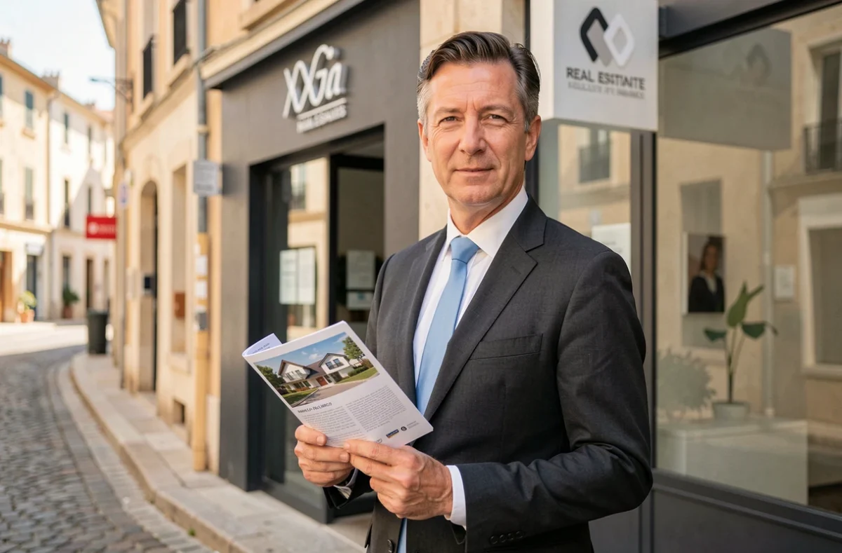Agent de LDJ Immobilier devant la façade de l'agence dans une rue commerçante du sud de la France