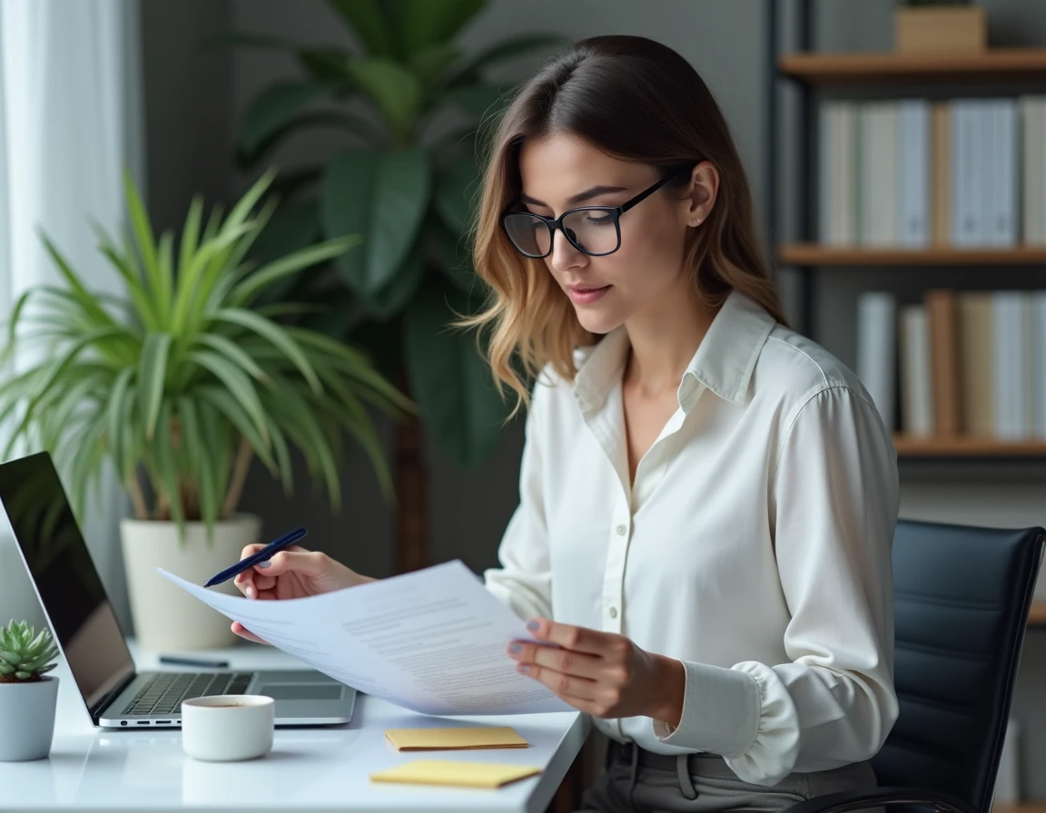 Femme lisant attentivement les clauses d'un contrat de colocation à son bureau à domicile
