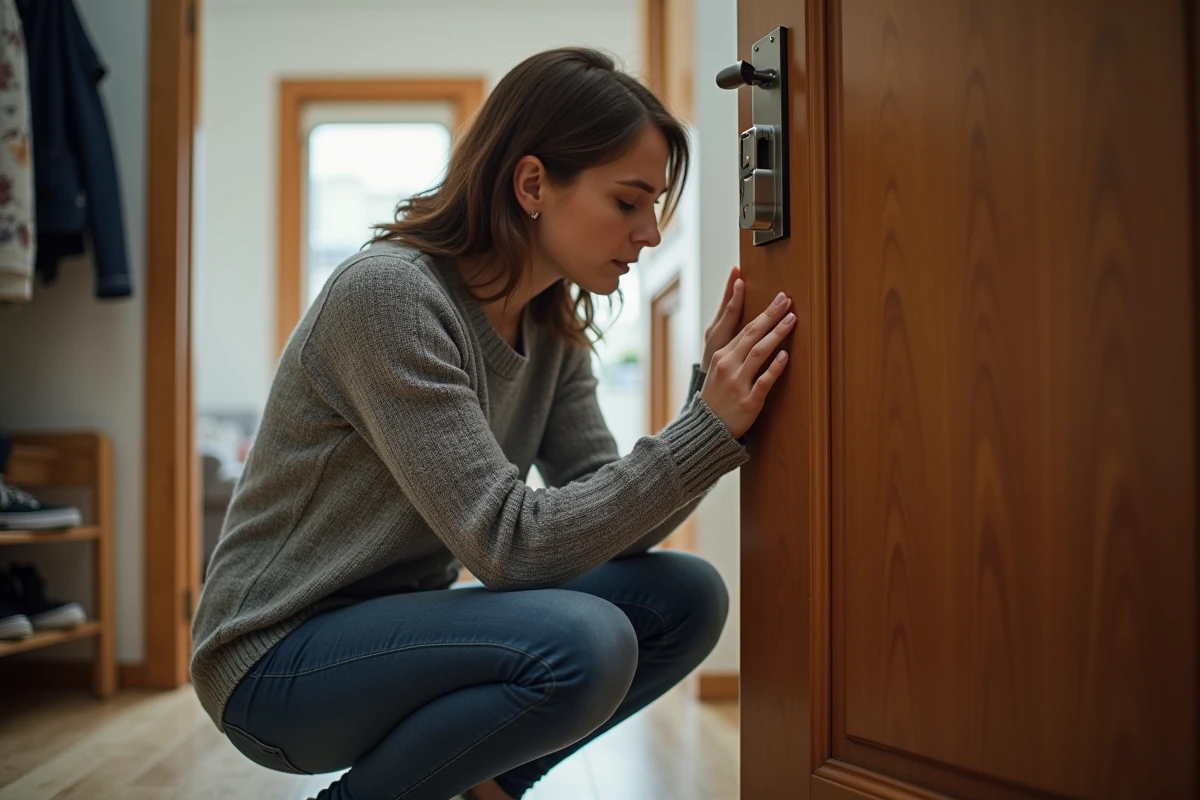 Locataire examinant la serrure de sa porte d'appartement lors d'un différend locatif