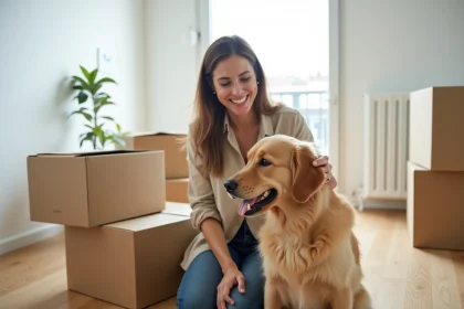 Femme emménageant dans un appartement au Havre avec son chien golden retriever