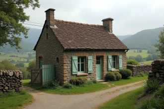 Petite maison en pierre avec jardin à louer dans le Puy-de-Dôme, entourée de collines volcaniques et d'un chemin rural