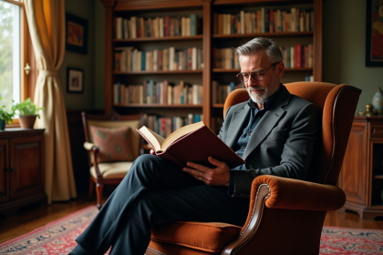 Louis Kretz lisant un livre dans un salon éclectique