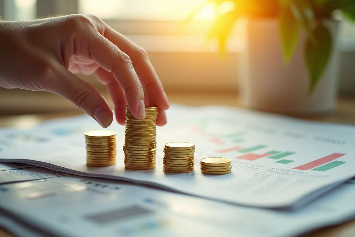Main empilant des pièces d or sur des journaux financiers