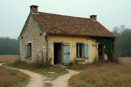Maison abandonnée en pierre dans la campagne française avec volets brisés et végétation envahissante, illustrant les enjeux juridiques d'une donation immobilière