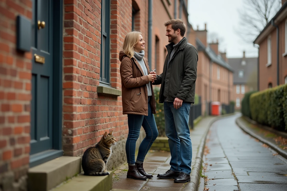 Couple devant une maison en location au Havre avec leur chat sur le perron
