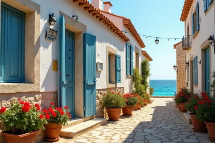Maison de pêcheur méditerranéenne à vendre avec volets bleus et murs en pierre blanchie au bord de la mer