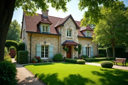 Maison à vendre à Beauvais avec jardin arboré et façade en pierre, vue depuis la rue