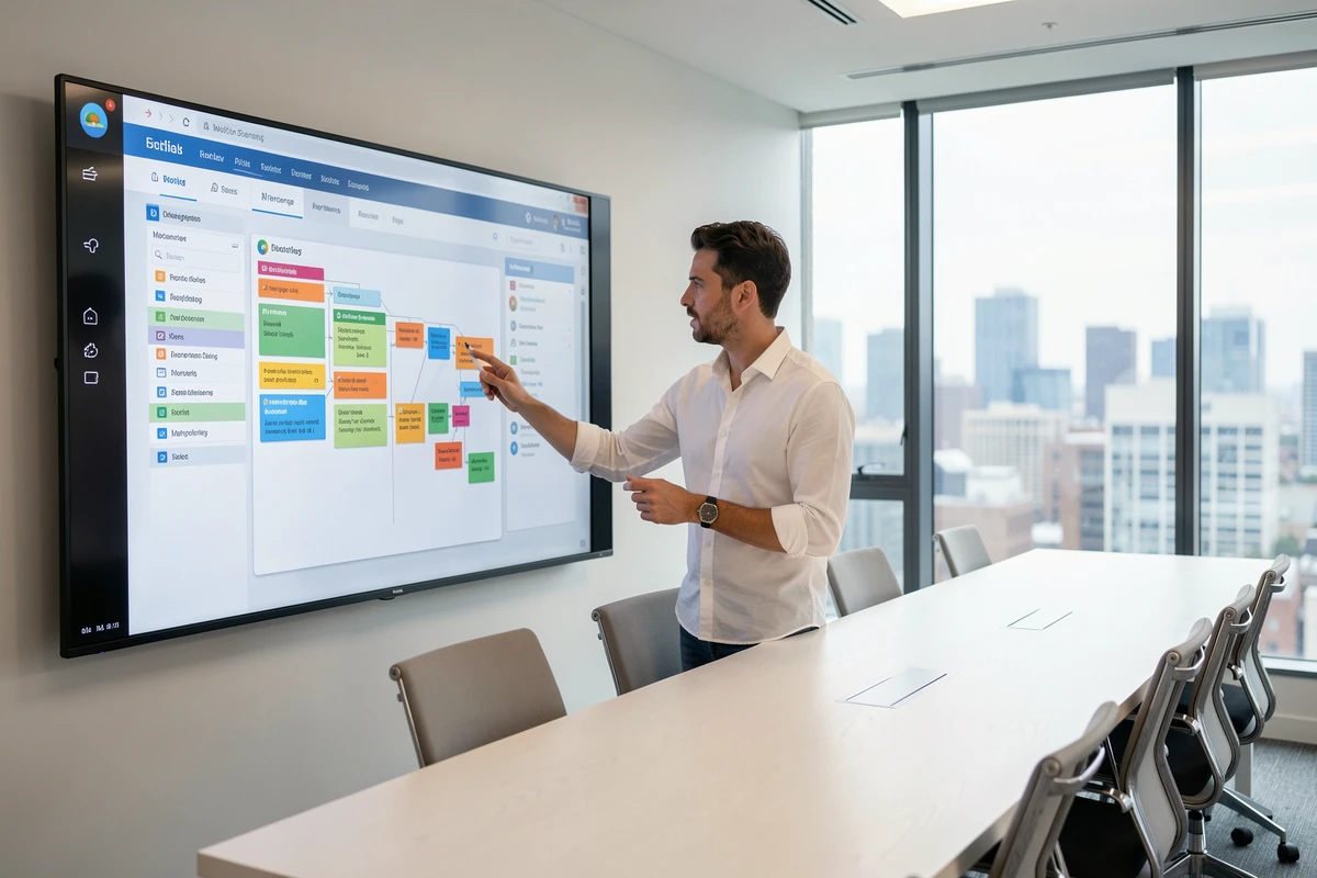 Manager masculin naviguant un portail de gestion de workflows sur grand écran interactif en salle de réunion