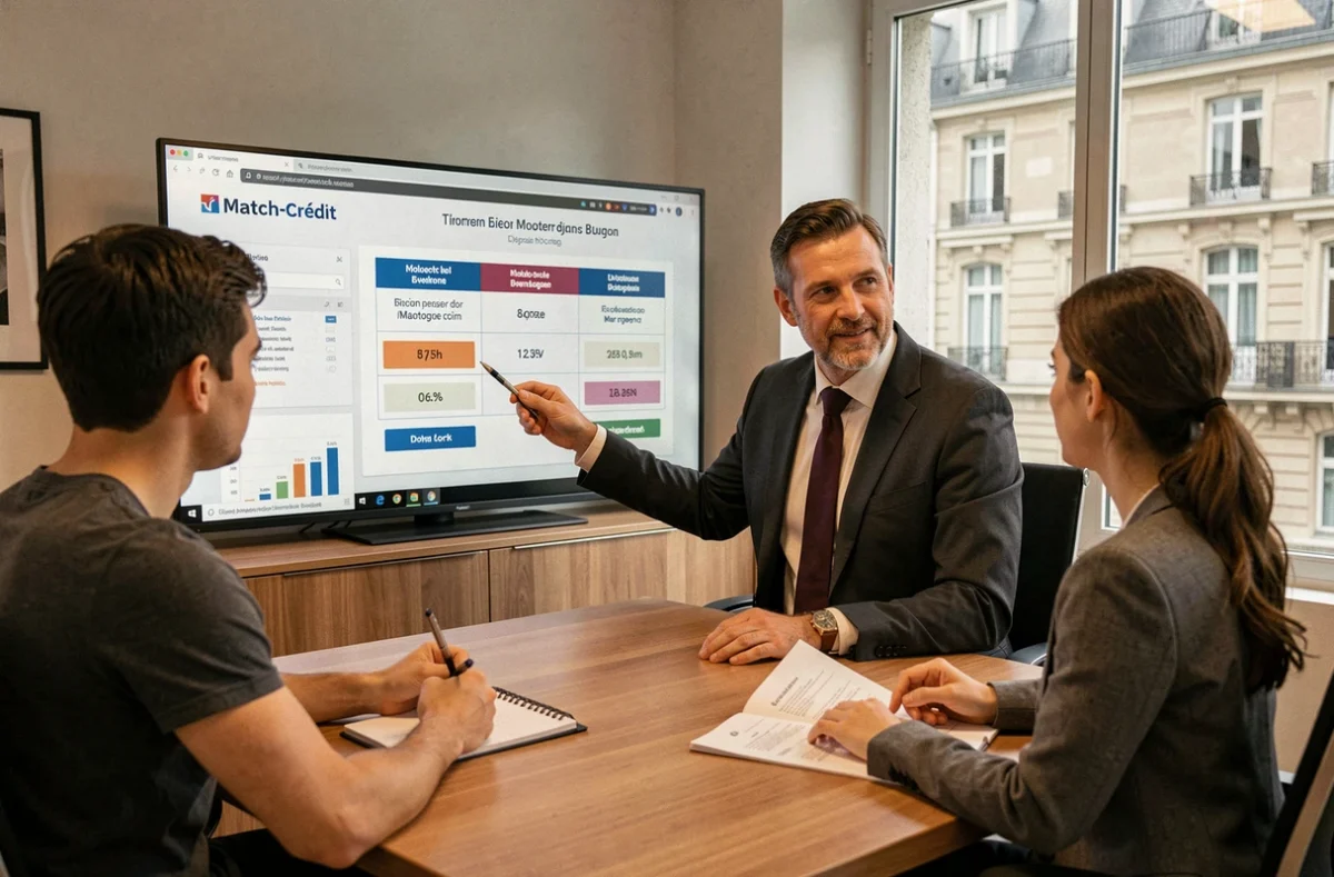 Courtier Match-Crédit comparant des offres de prêt immobilier avec des clients à Dijon