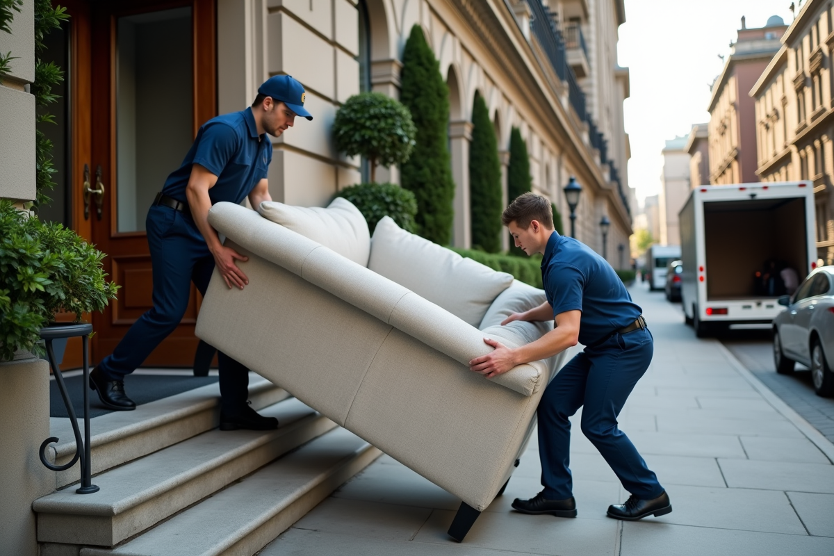 Deux déménageurs portant un canapé devant un immeuble urbain