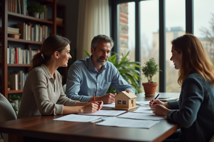 Trois adultes discutent autour d'une table avec documents et maquette