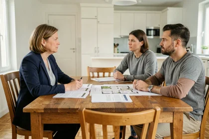 Agent immobilier et couple discutant d'une négociation de maison à vendre cause divorce dans un salon en Loire-Atlantique