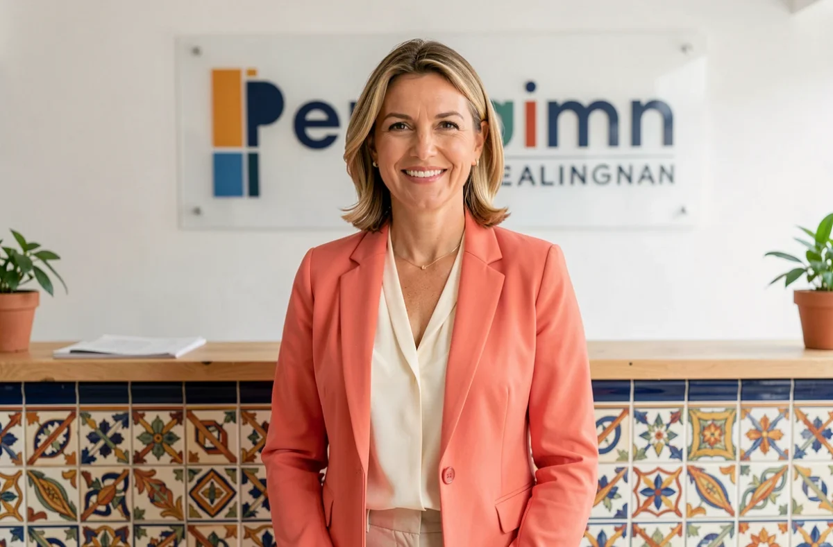 Conseillère de Nestenn Perpignan à l'accueil de l'agence immobilière avec décor catalan