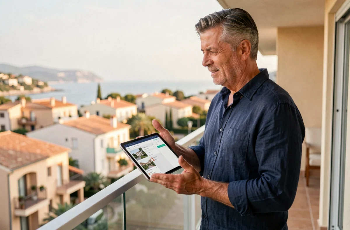 Conseiller de Nosa Immobilier présentant un tableau de bord de gestion sur une terrasse résidentielle