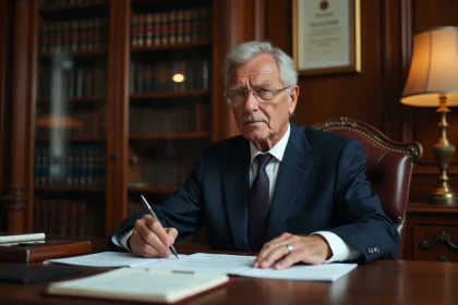 Notaire en costume sombre assis à son bureau en bois avec des documents juridiques, consultant un client dans un bureau classique aux étagères remplies de livres de droit