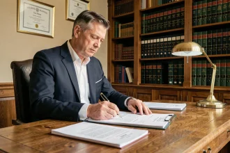Notaire à Limoges examinant un dossier de vente immobilière dans son étude avec des documents officiels sur un bureau en chêne