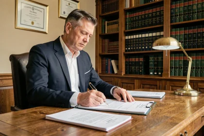 Notaire à Limoges examinant un dossier de vente immobilière dans son étude avec des documents officiels sur un bureau en chêne