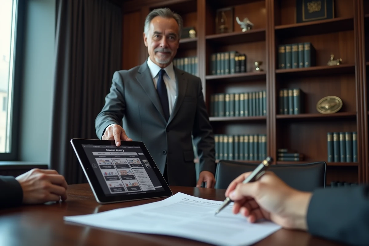 Notaire présentant le registre des copropriétaires sur tablette numérique lors d'une transaction immobilière en étude notariale